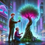 DALL·E-2025-01-16-17.54.53-An-Irish-boy-with-auburn-hair-and-his-blonde-girlfriend-nurturing-a-growing-olive-tree-in-a-futuristic-Blade-Runner-inspired-cityscape.-The-tree-grows.webp